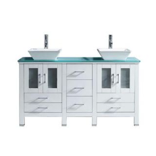 Virtu USA Bradford 59.85 in. W x 21.89 in. D x 32.99 in. H White Vanity With Glass Vanity Top With Aqua Square Basin MD 4305 G WH PRST