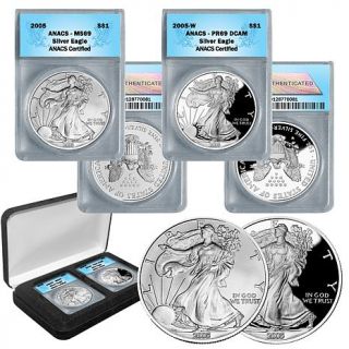 2005 MS69 and PR69 DCAM ANACS Silver Eagle Dollar 2 Coin Set   7182346