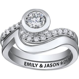 Personalized CZ Sterling Silver Ocean Wave 2 Piece Engraved Wedding Ring Set