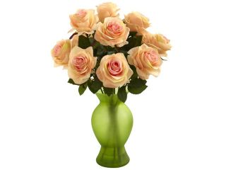 Nearly Natural Roses With Coloured Glass Vase In Peach In Peach